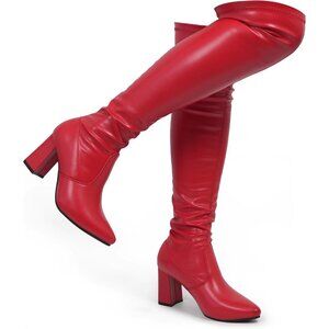 Hawkwell Women's Red pu Low Flat Heel Thigh High Over The Knee Fashion Boots